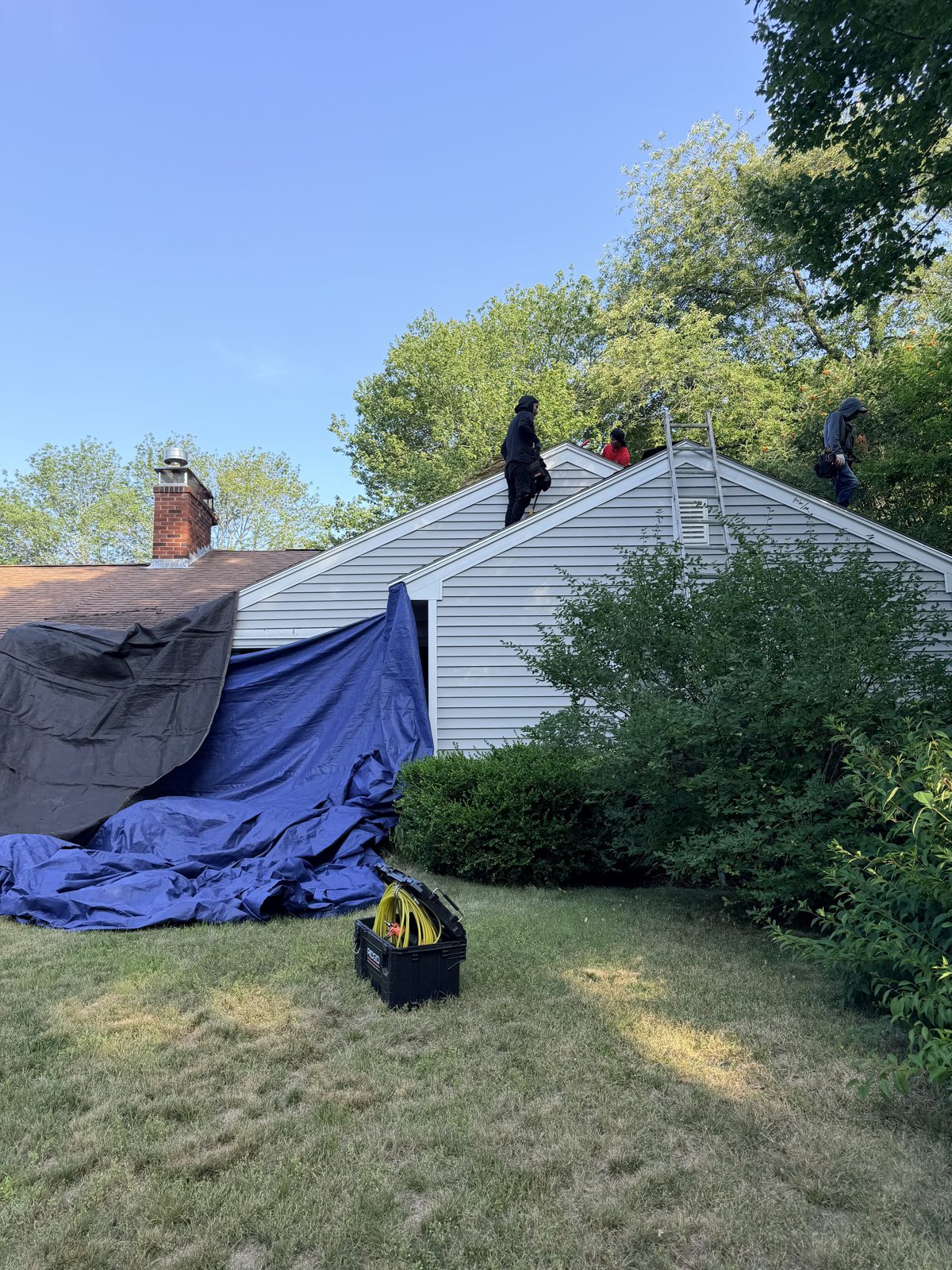 House wrapped in tarps with ladders set before tear-off begins