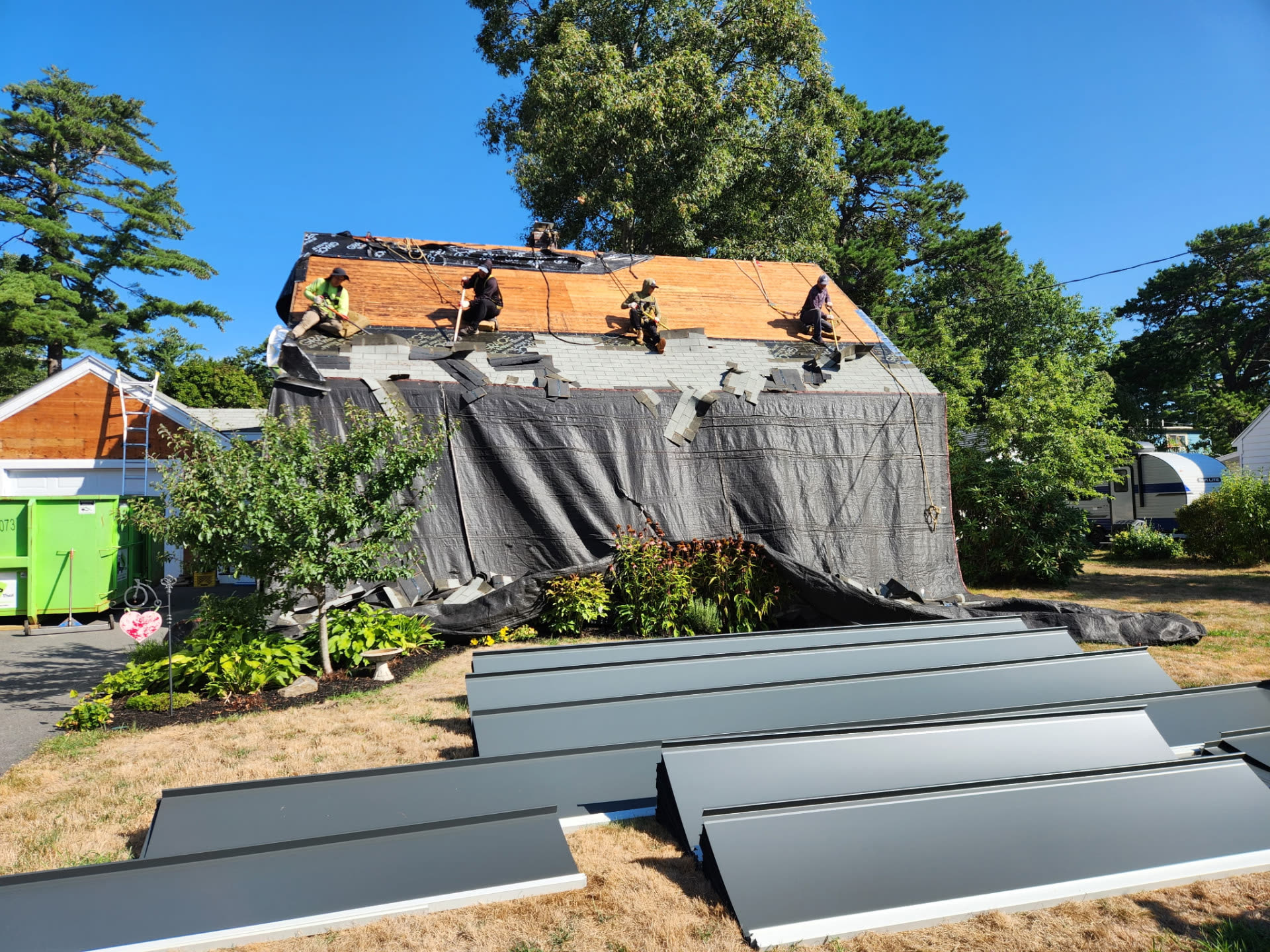 Crew tearing off old shingles with the house fully tarped and metal panels staged in the yard